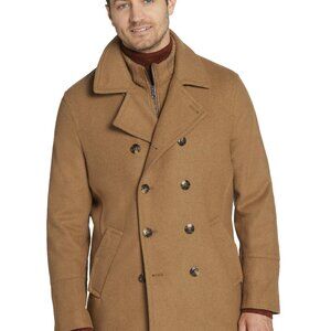 NEW Joseph Abboud REMOVEABLE BIB Camel Wool Pea Coat Wide Lapel Peacoat Jacket